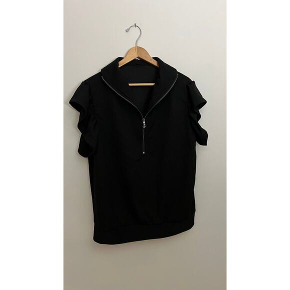 Black Ribbed Half Zip Top with Ruffle Sleeves Size XL - Picture 1 of 6